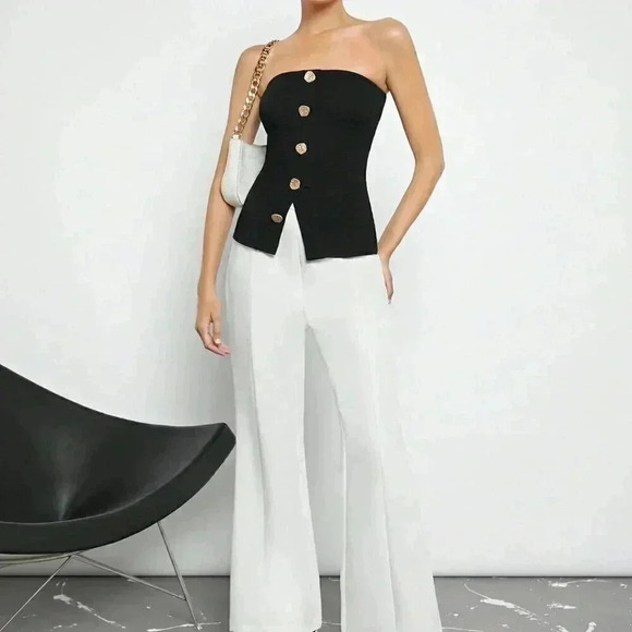 Black Casual Women's Button Front Split Hem Bandeau Top - Picture 5 of 7